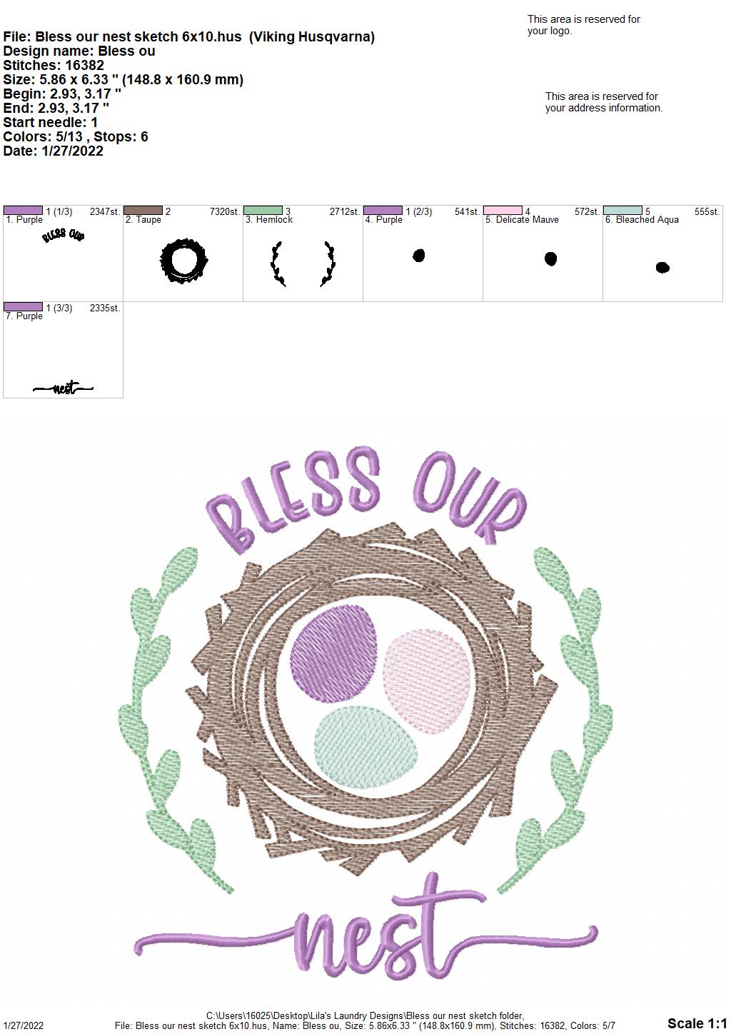 Bless Our Nest Sketch - 4 sizes- Digital Embroidery Design