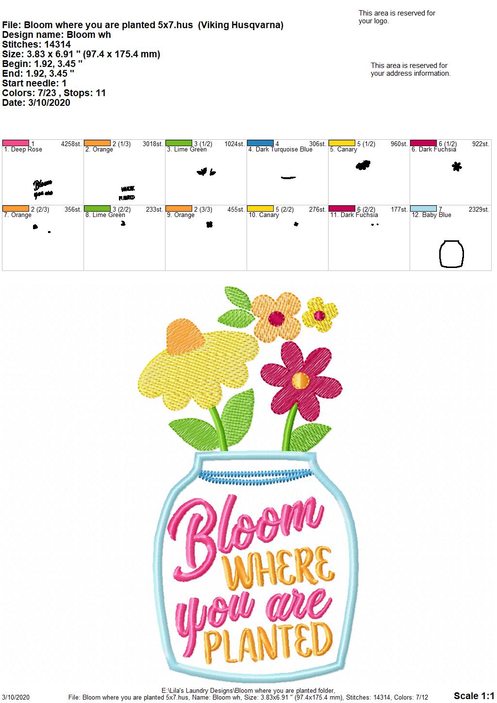 Bloom Where you are planted - 2 Sizes - Digital Embroidery Design