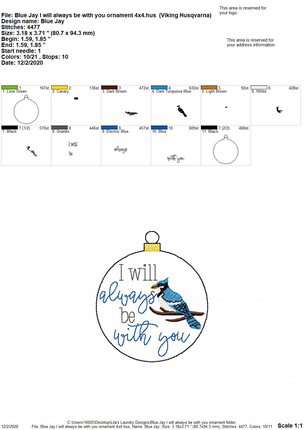 Blue Jay I will always be with you Ornament - Digital Embroidery Design