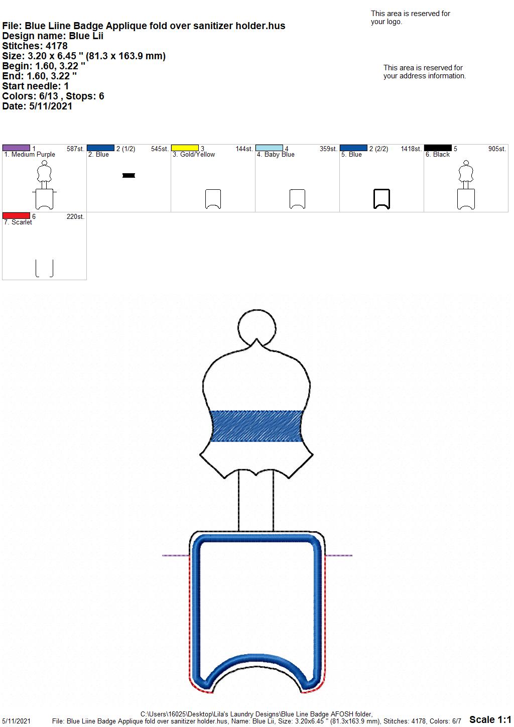 Blue Line Badge Applique Fold Over Sanitizer Holder 5x7- DIGITAL Embroidery DESIGN