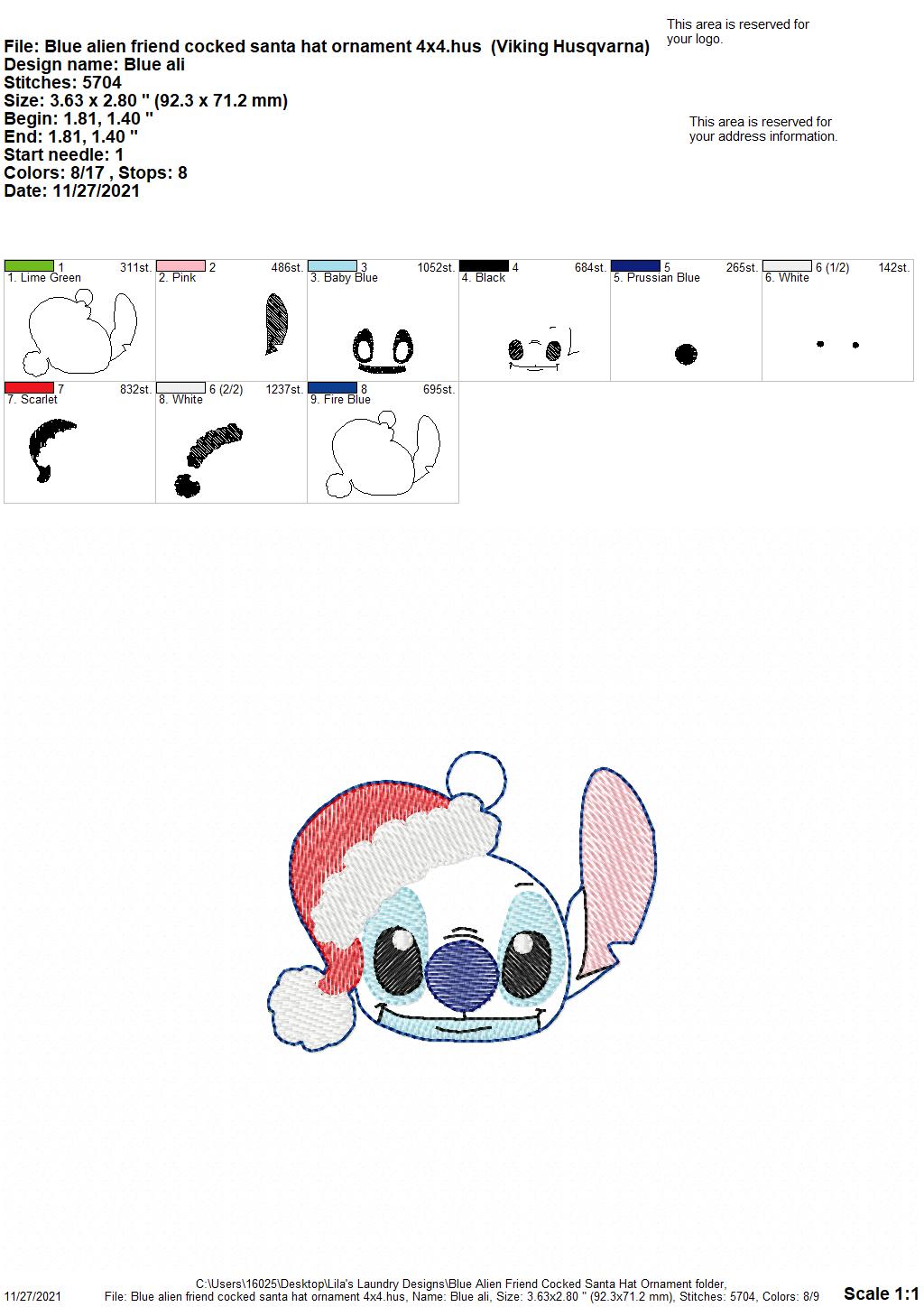 Blue Alien Friend Cocked Santa Hat Ornament - Digital Embroidery Design