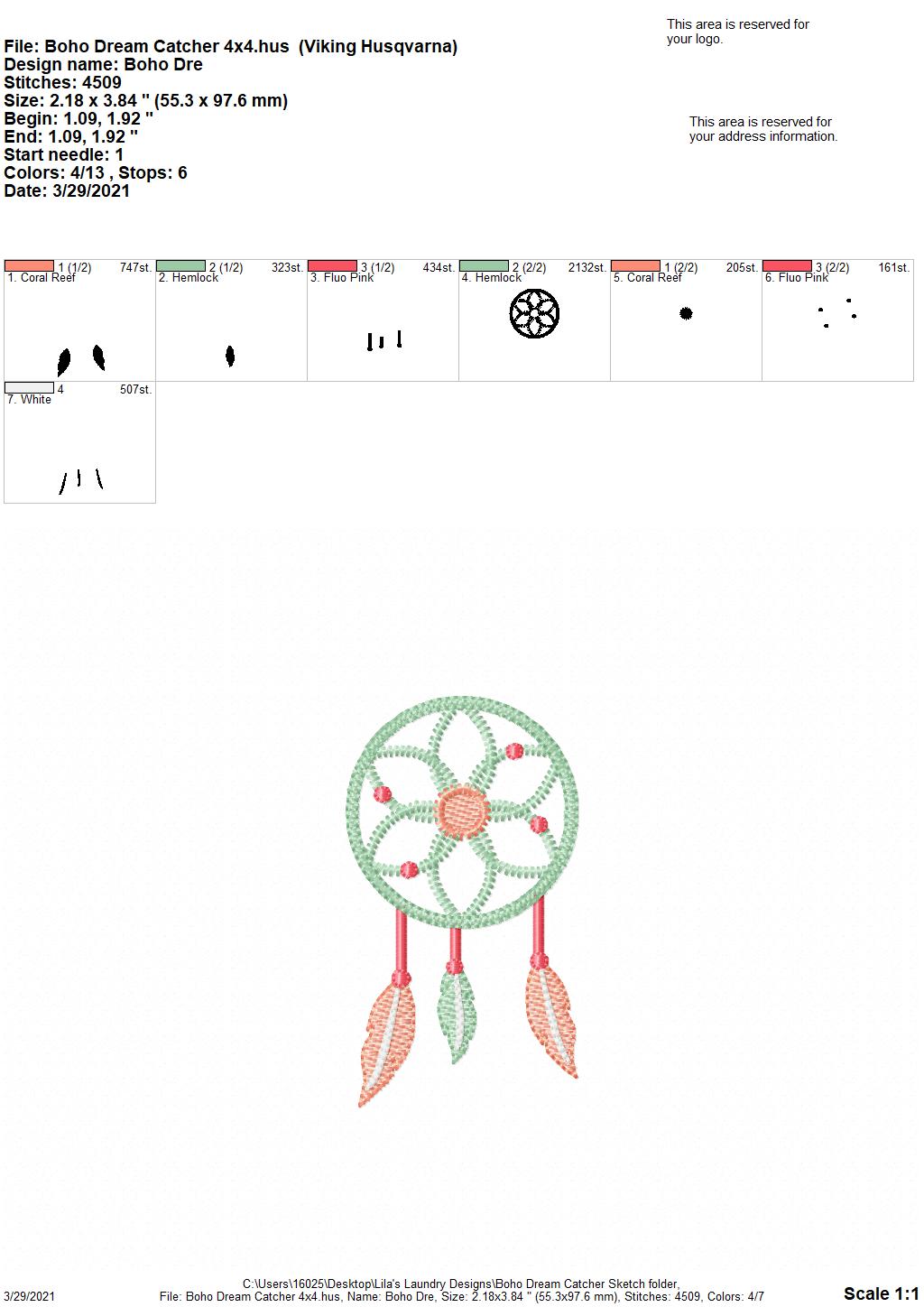 Boho Dream Catcher Sketch - 4 sizes- Digital Embroidery Design