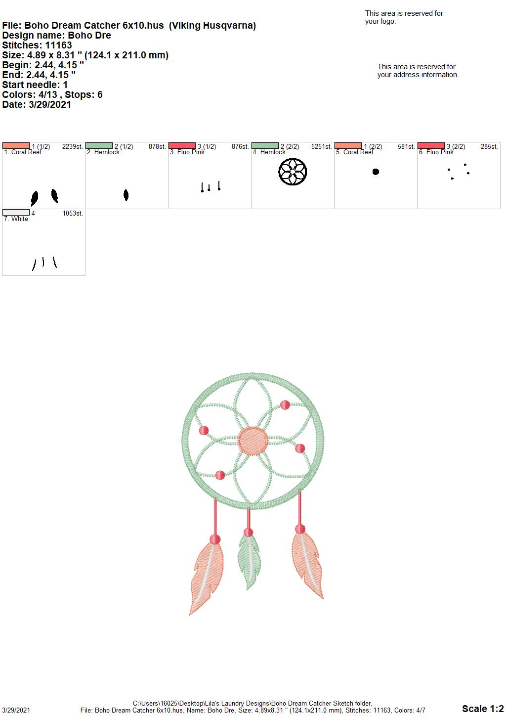 Boho Dream Catcher Sketch - 4 sizes- Digital Embroidery Design