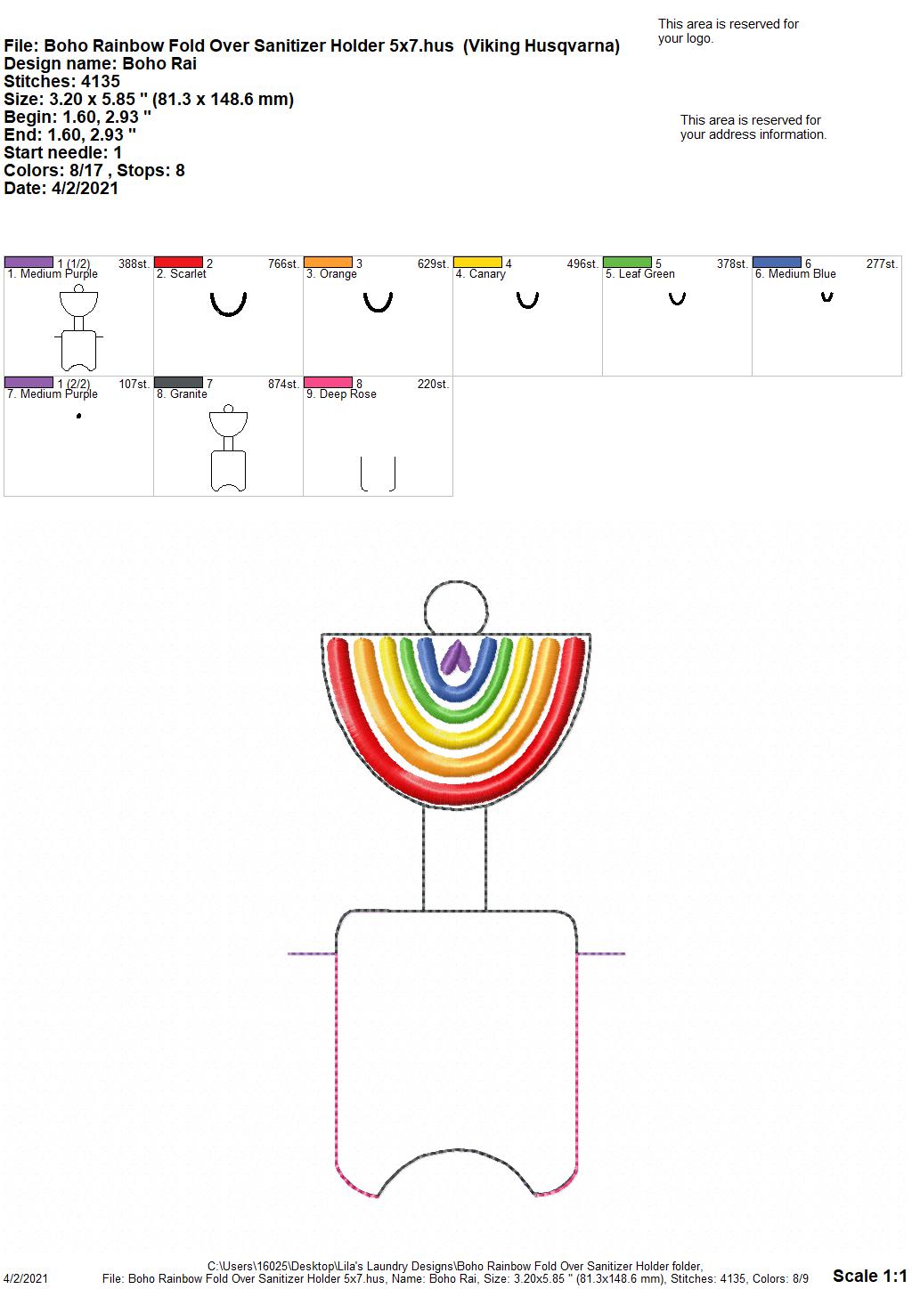 Boho Rainbow Fold Over Sanitizer Holder 5x7- DIGITAL Embroidery DESIGN