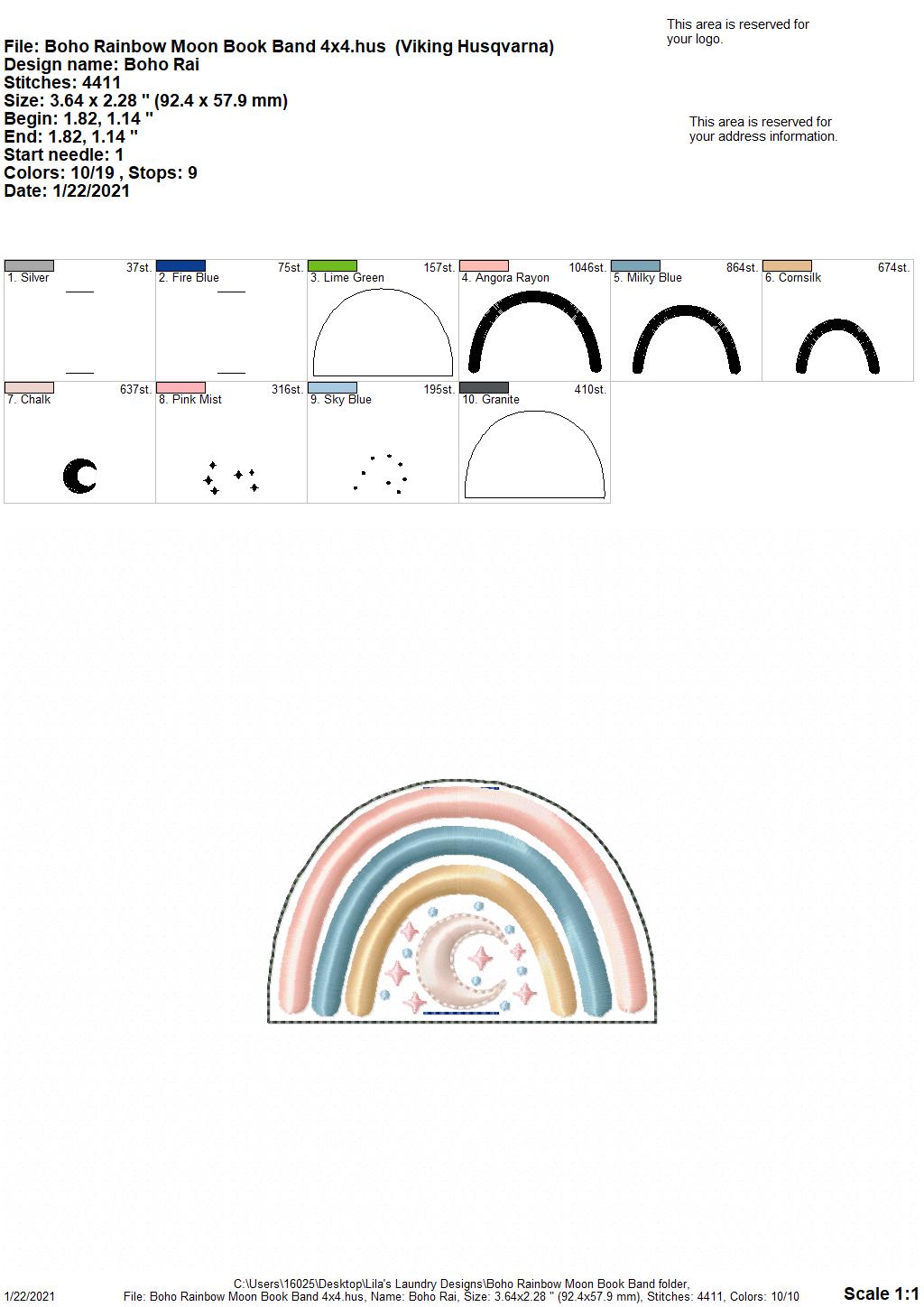 Boho Rainbow Moon Book Band - Embroidery Design, Digital File