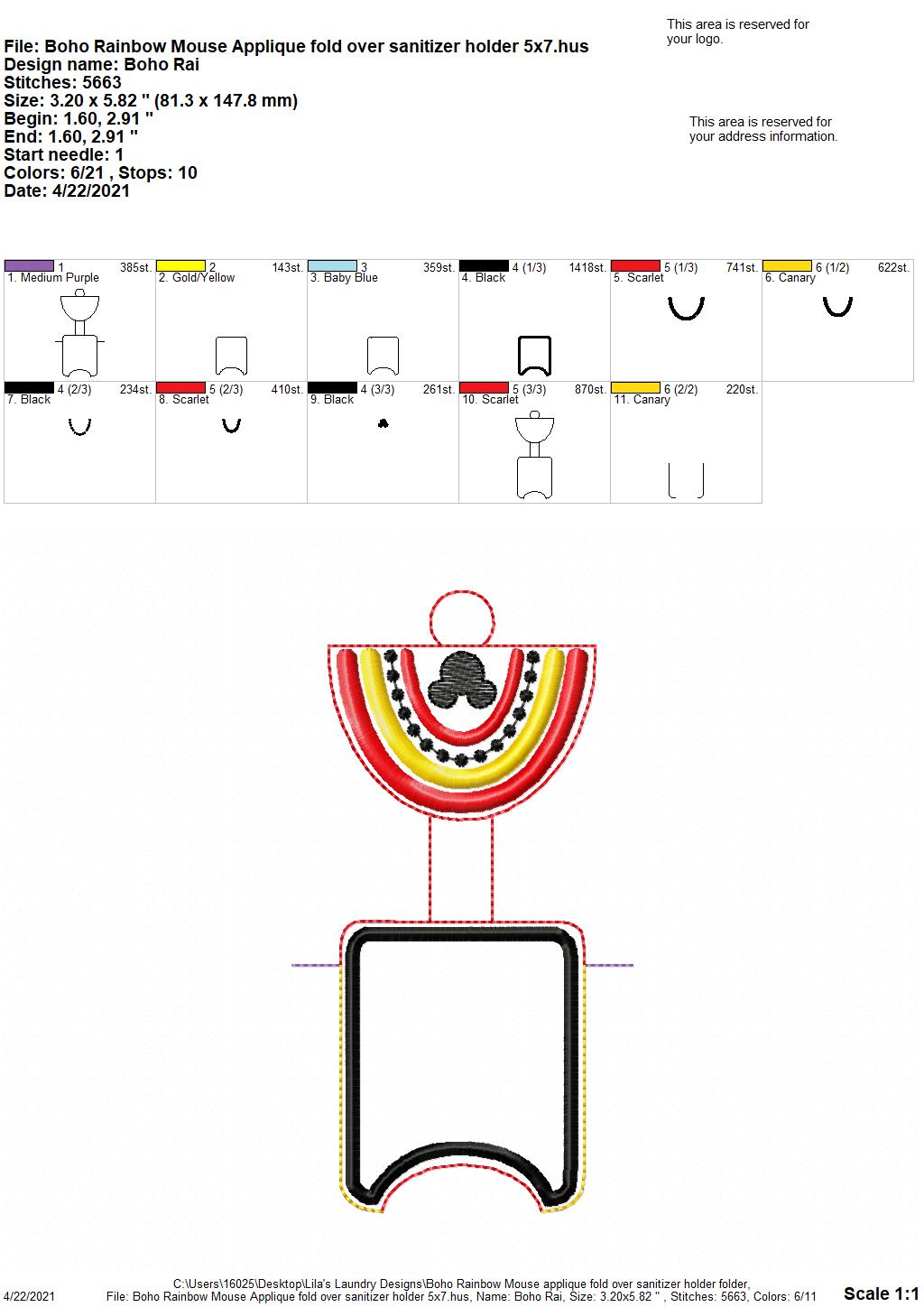 Boho Rainbow Mouse Applique Fold Over Sanitizer Holder 5x7- DIGITAL Embroidery DESIGN