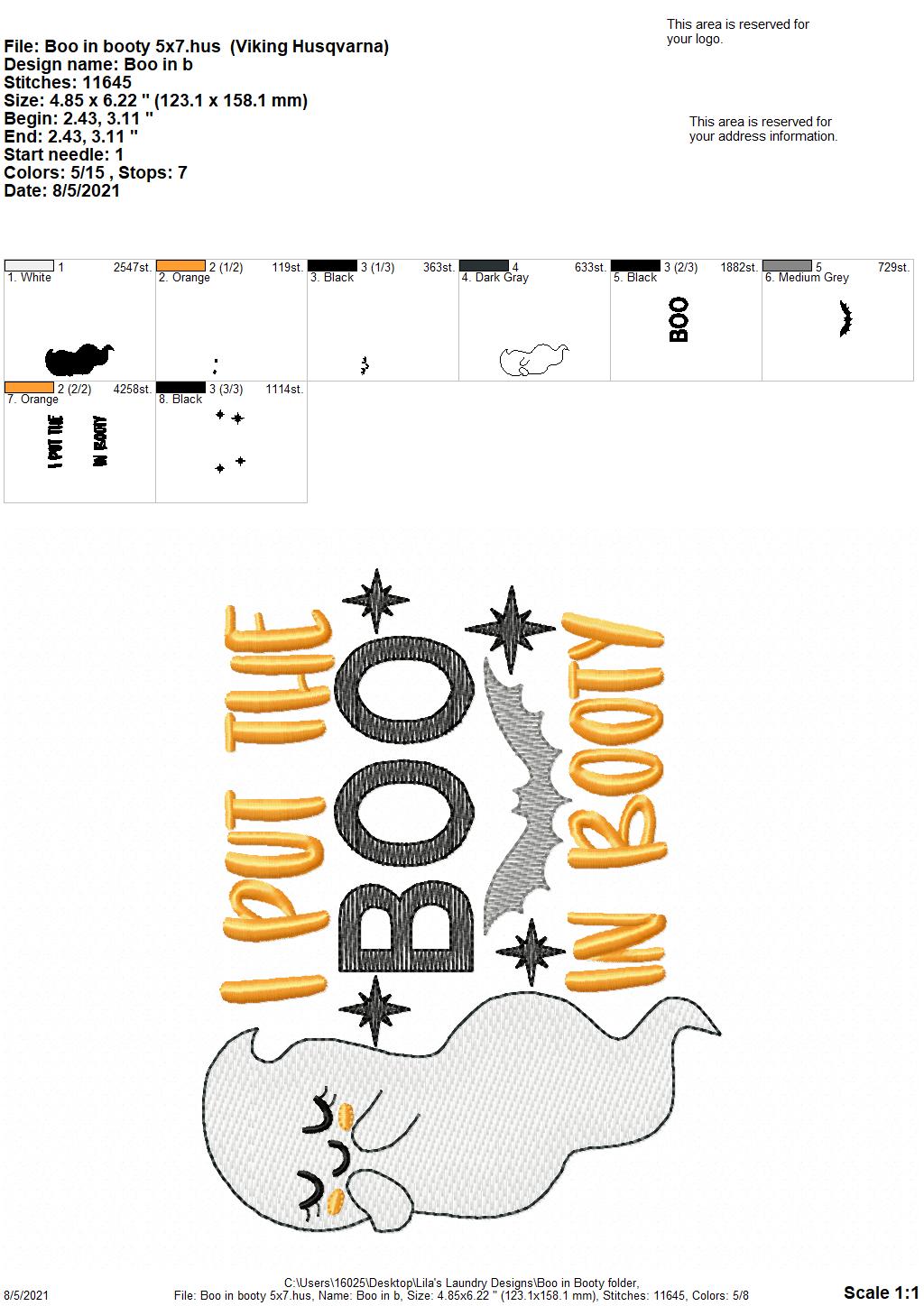 Boo in Booty - 4 sizes- Digital Embroidery Design