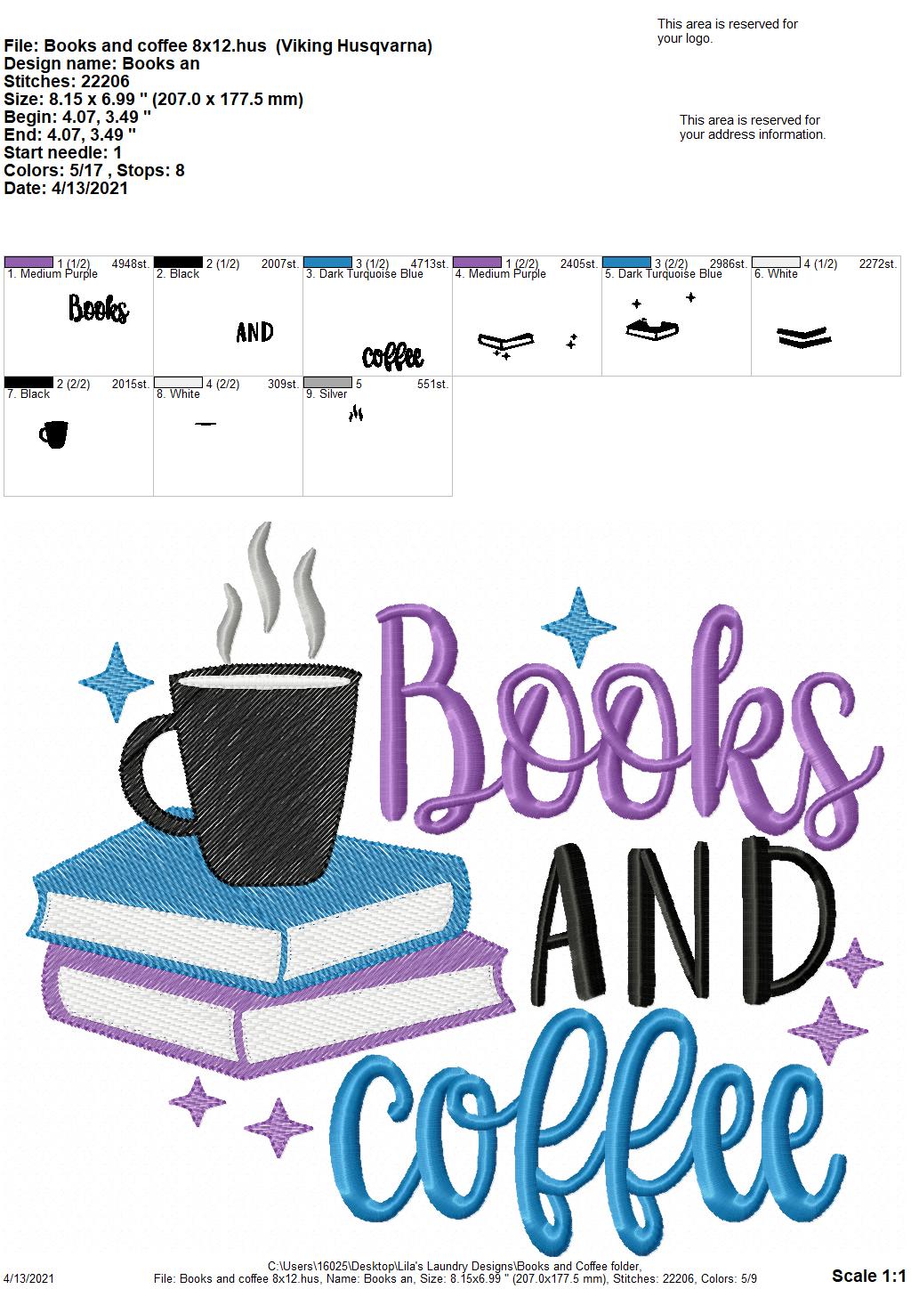 Books and Coffee - 3 sizes- Digital Embroidery Design