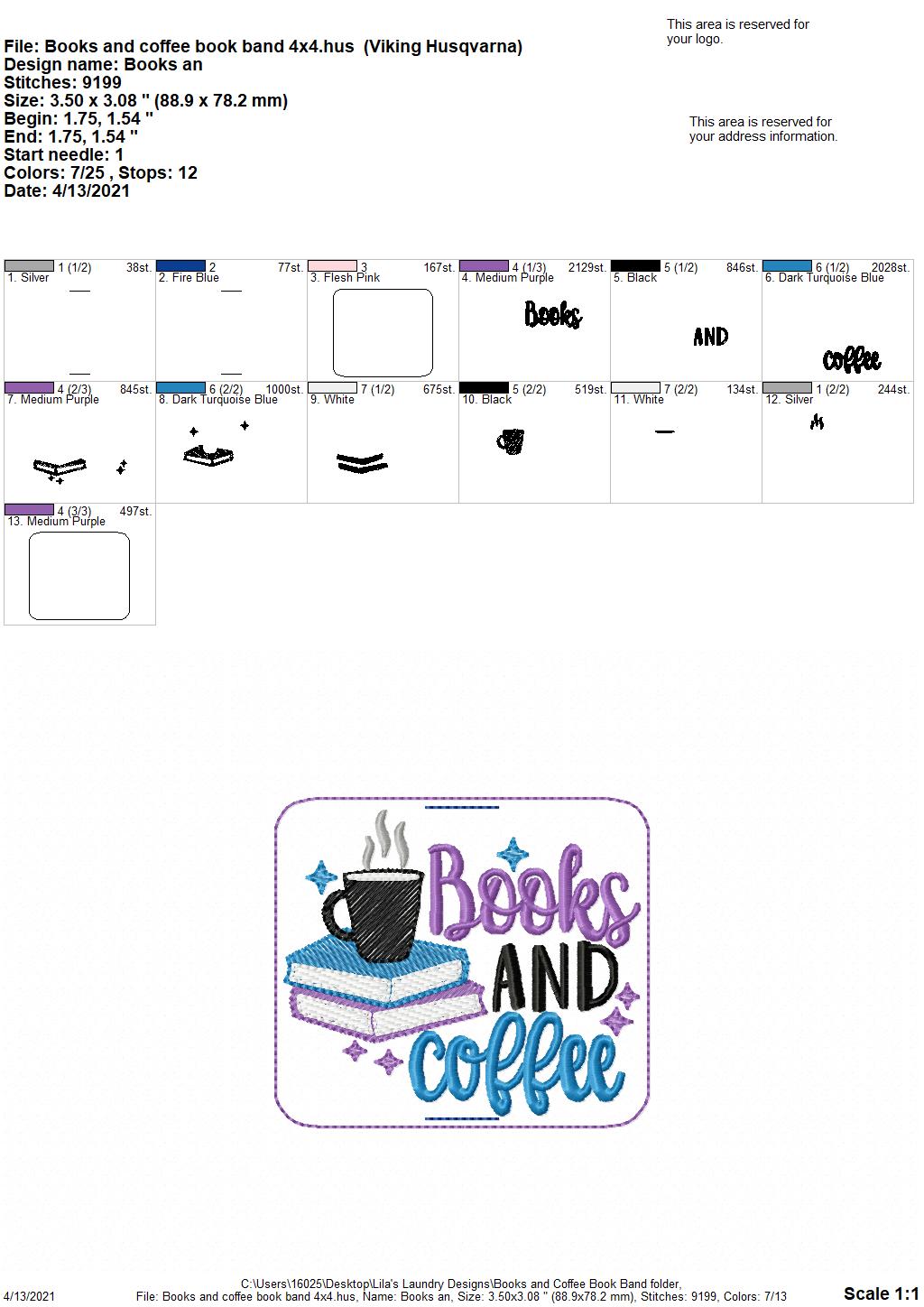 Books and Coffee Book Band - Embroidery Design, Digital File