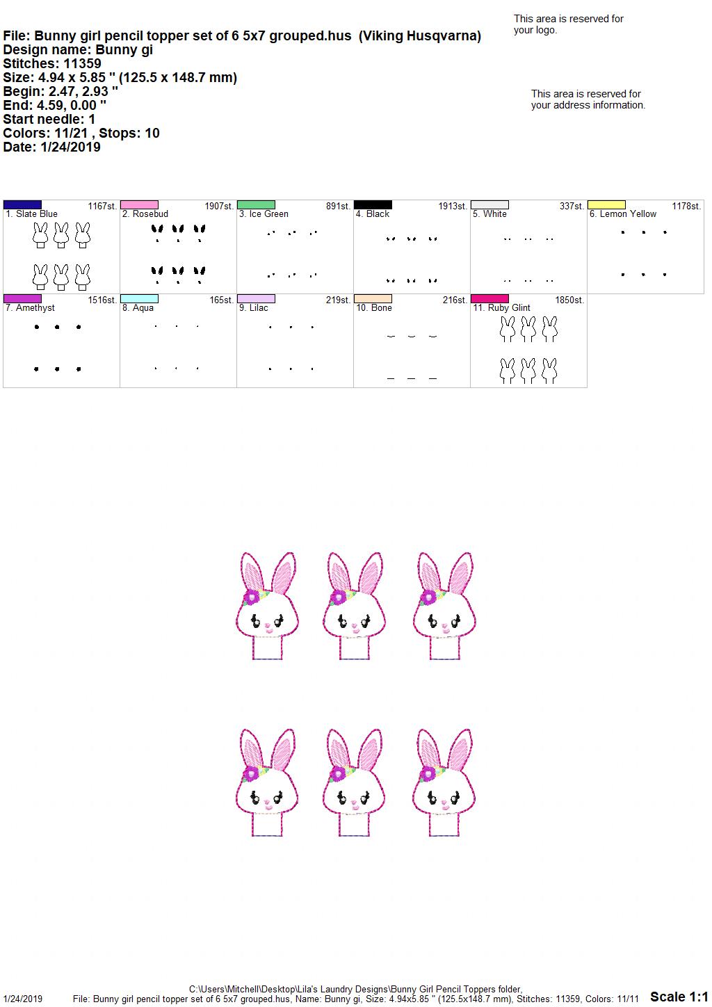 Bunny Girl Pencil Topper - Embroidery Design - DIGITAL Embroidery DESIGN