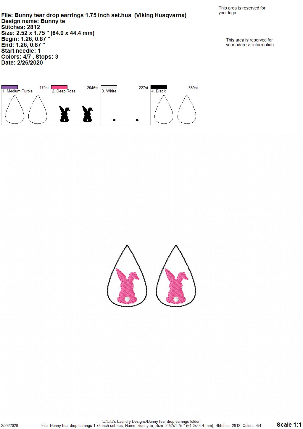 Bunny Tear Drop Earrings - 3 sizes - 4x4 and 5x7 Grouped- Digital Embroidery Design