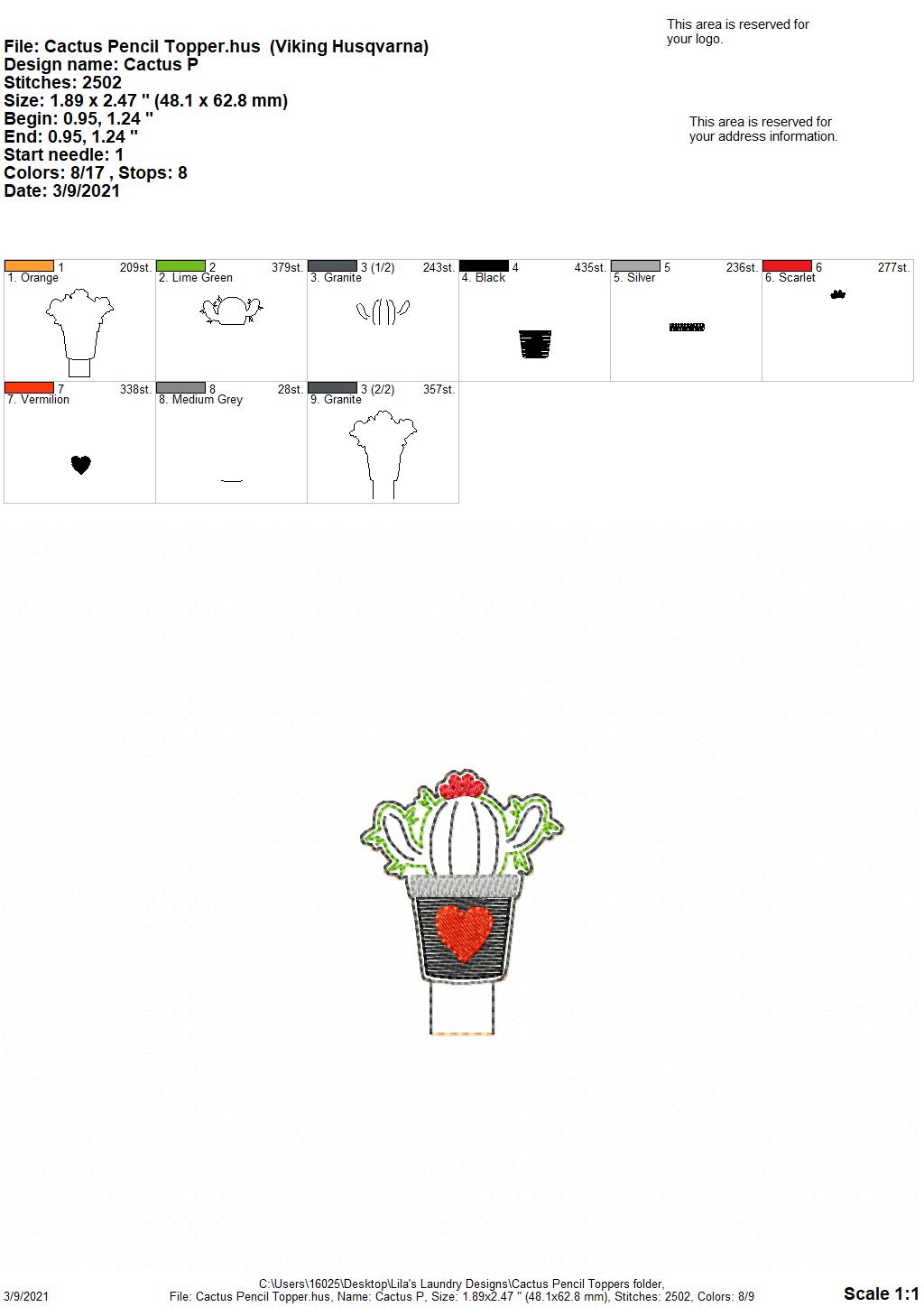 Cactus Pencil Toppers 4x4 and 5x7 included- DIGITAL Embroidery DESIGN