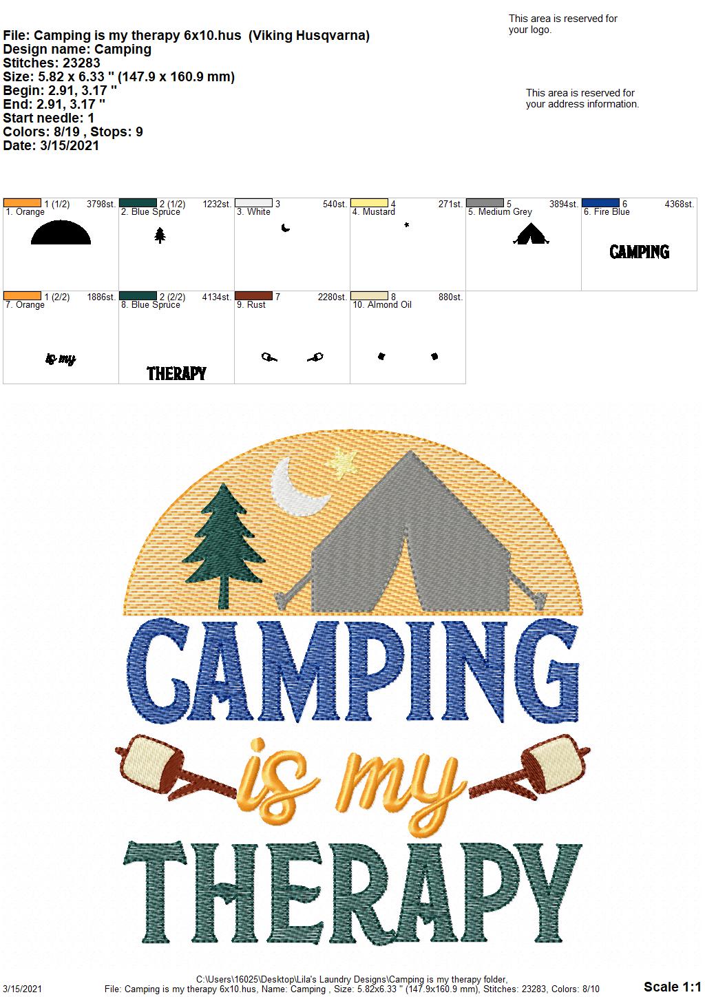 Camping is my therapy - 3 sizes- Digital Embroidery Design