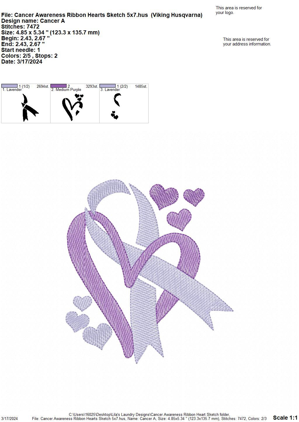 Cancer Awareness Hearts Sketch - 4 Sizes - Digital Embroidery Design