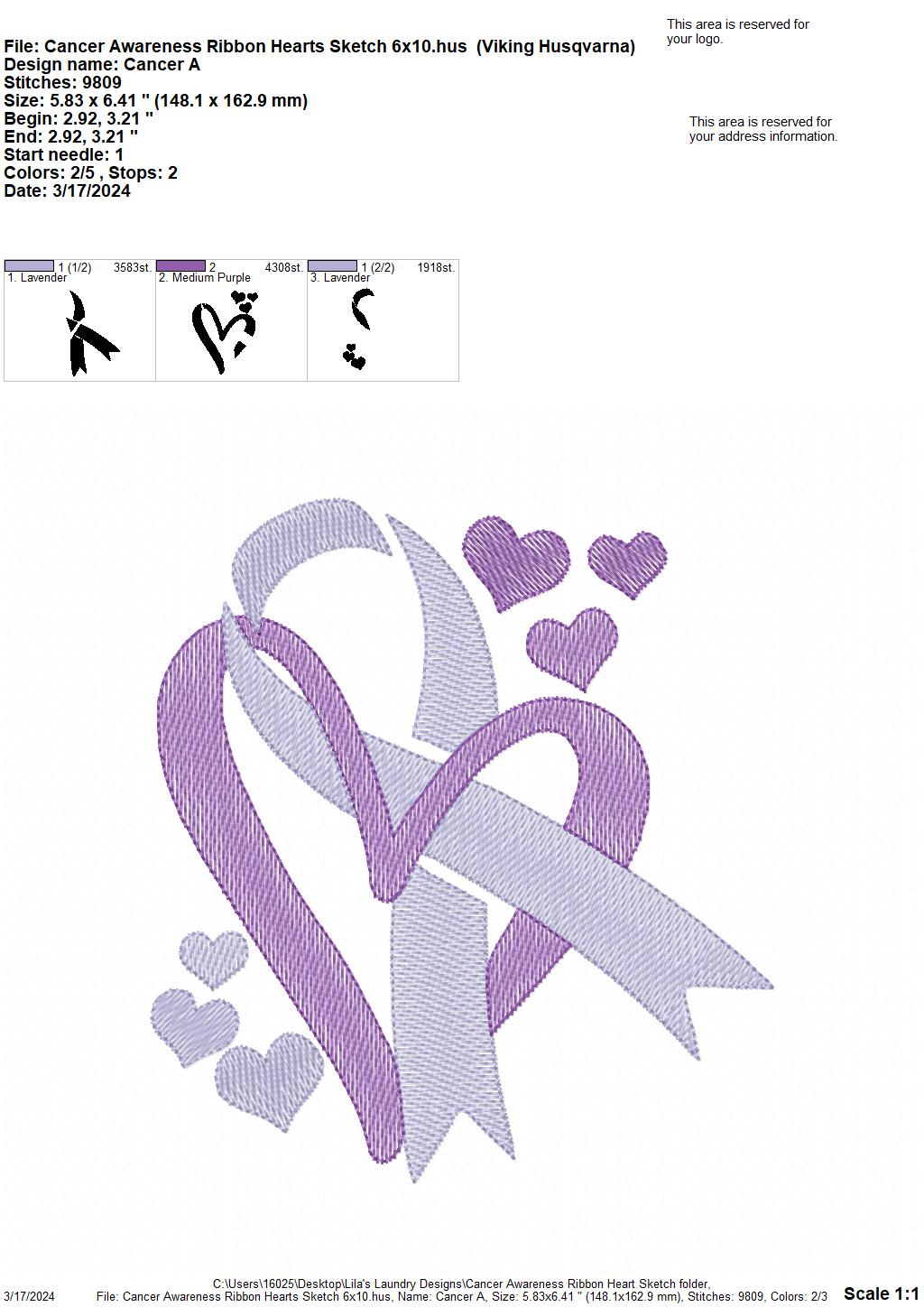 Cancer Awareness Hearts Sketch - 4 Sizes - Digital Embroidery Design