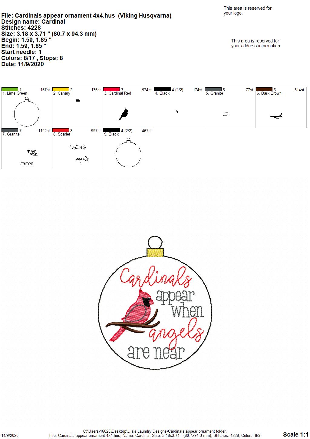 Cardinals Appear Ornament - Digital Embroidery Design