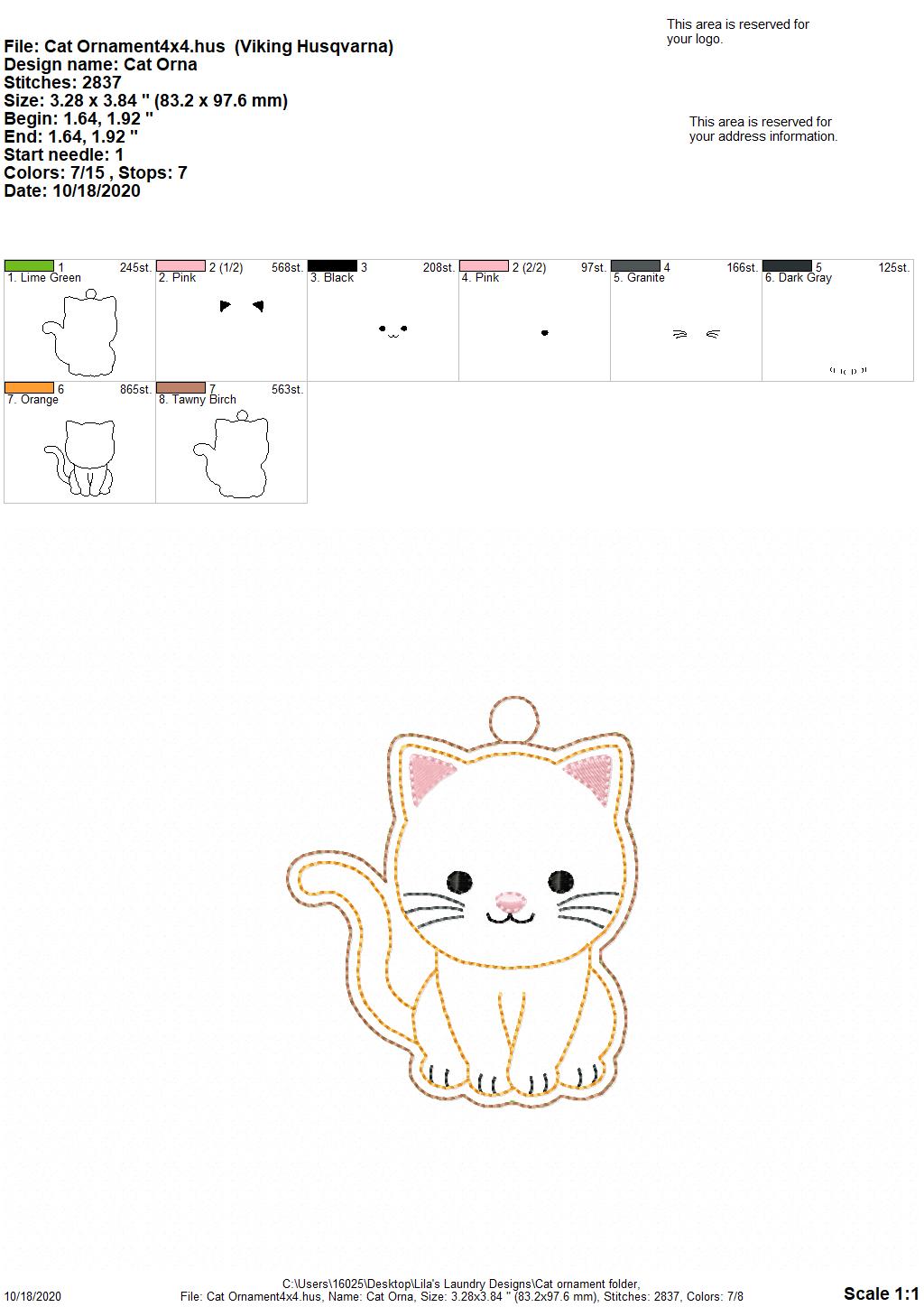Cat Ornament - Embroidery Design, Digital File