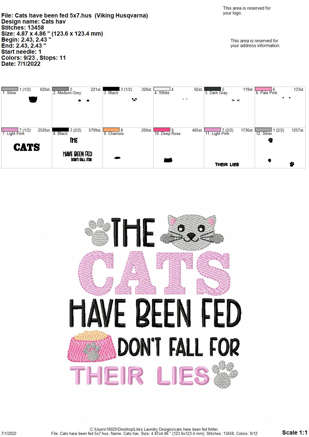 Cats Have Been Fed - 3 sizes- Digital Embroidery Design