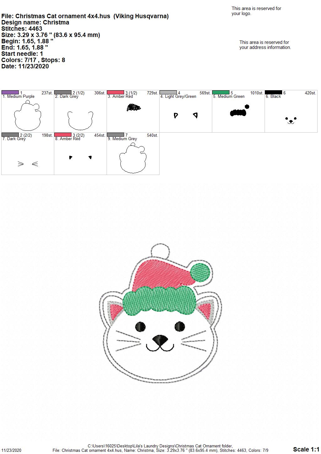 Christmas Cat Ornament - Digital Embroidery Design