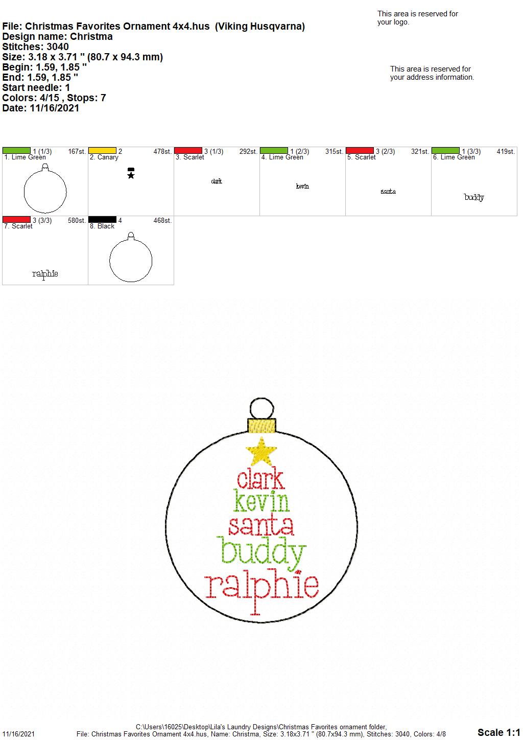 Christmas Favorites Ornament - Digital Embroidery Design