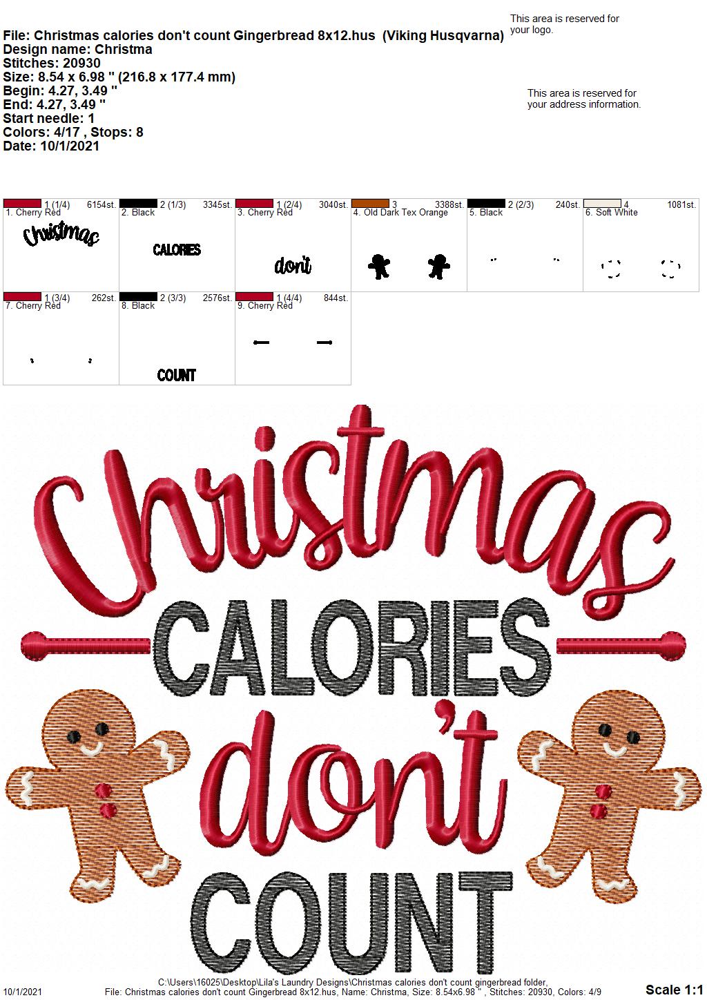 Christmas Calories Don't Count Gingerbread - 3 sizes- Digital Embroidery Design