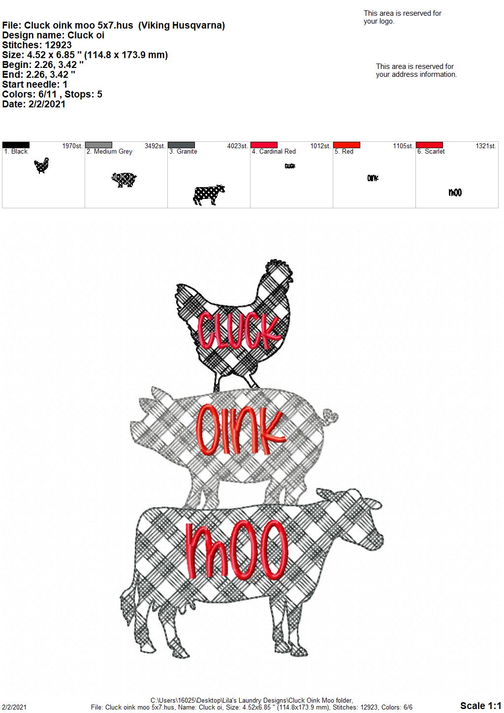 Cluck Oink Moo - 3 sizes- Digital Embroidery Design