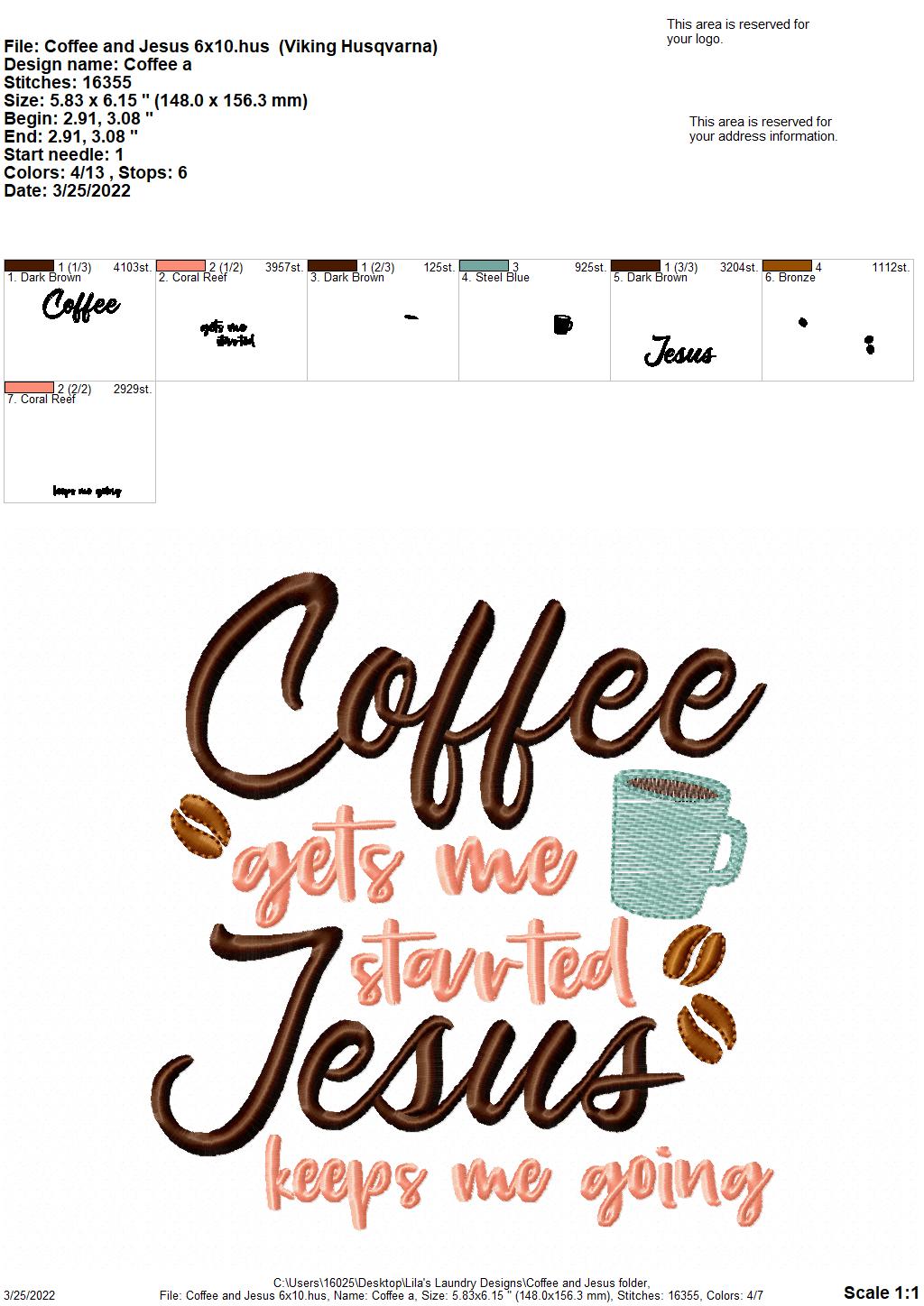 Coffee and Jesus - 3 sizes- Digital Embroidery Design