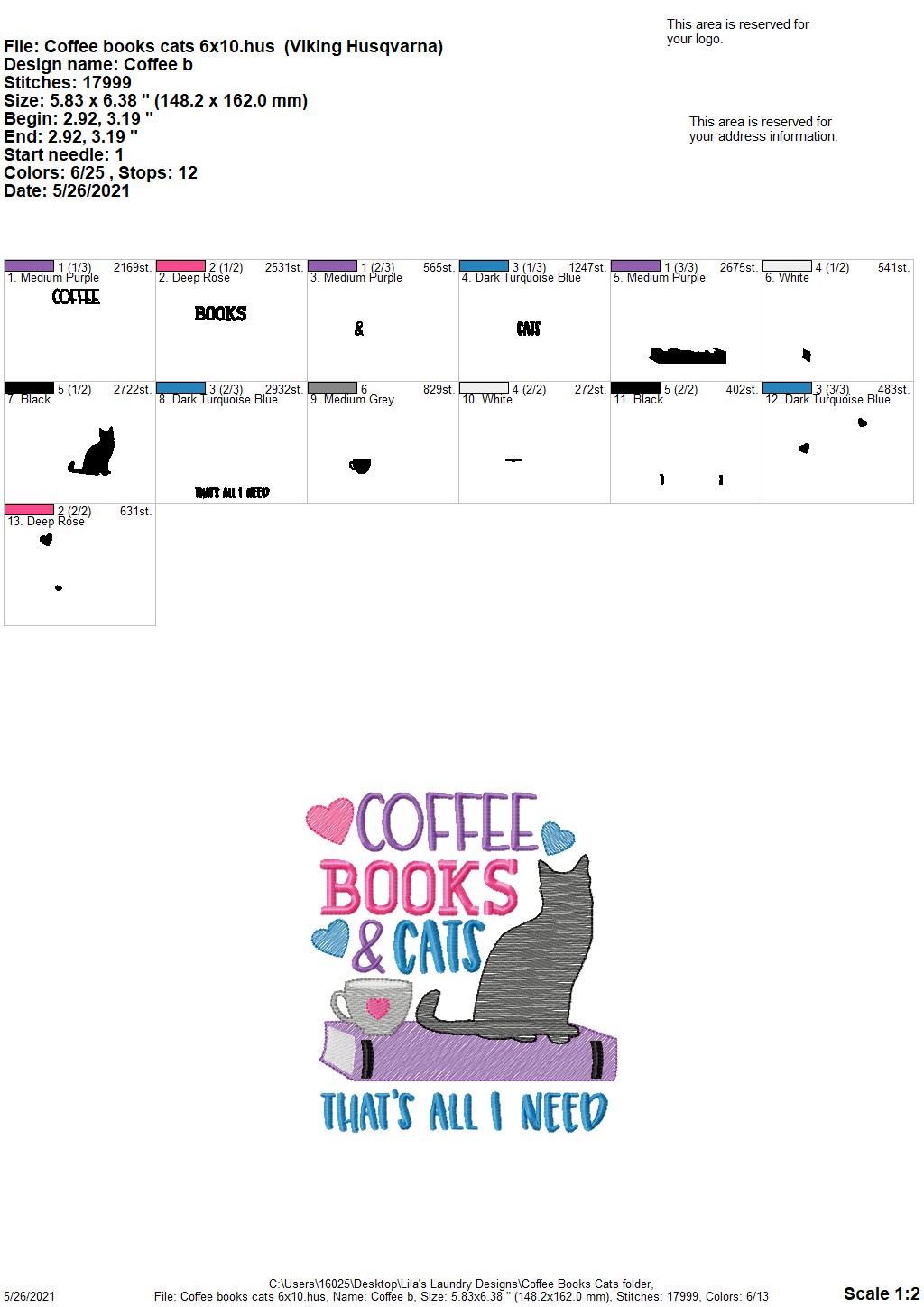 Coffee Books Cats - 3 sizes- Digital Embroidery Design