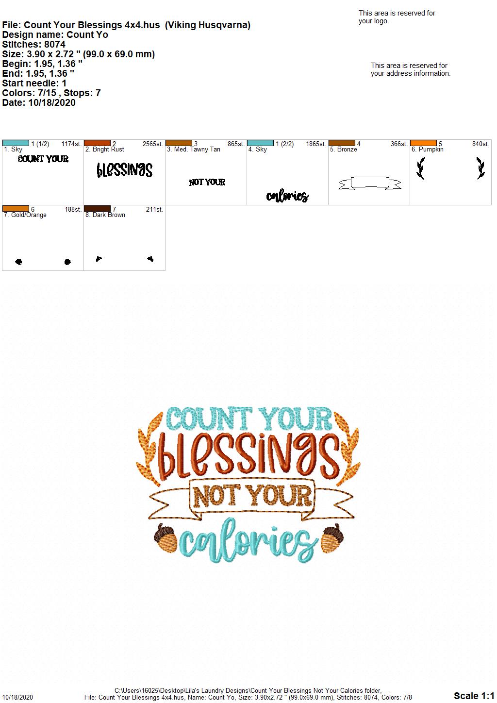 Count Your Blessings Not Your Calories - 3 Sizes - Digital Embroidery Design