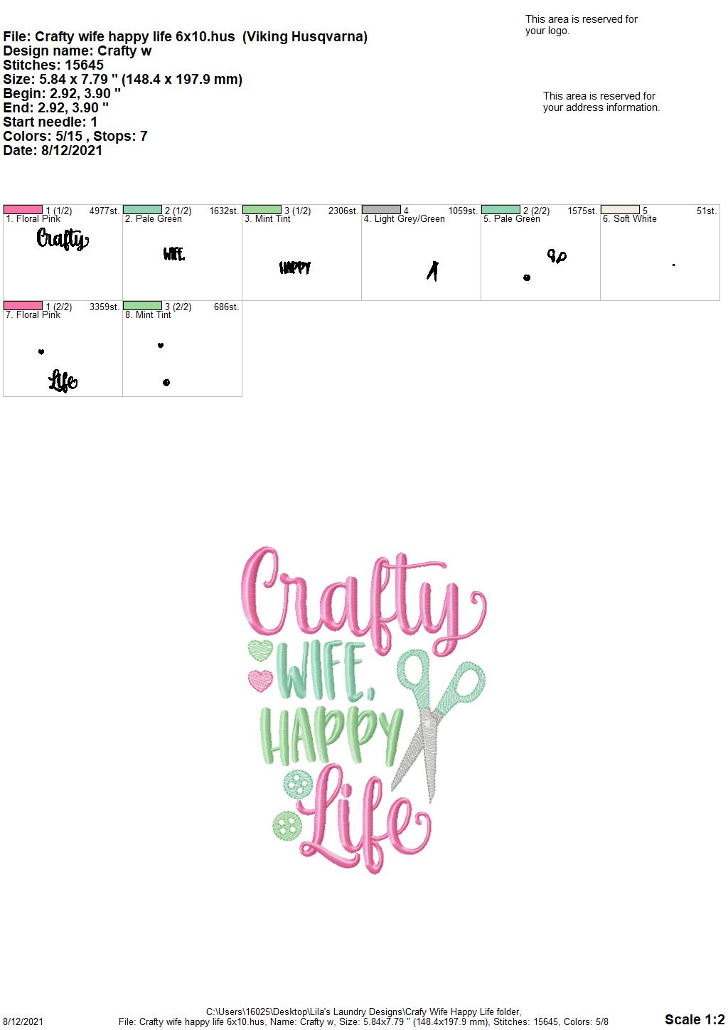 Crafty Wife, Happy Life - 3 sizes- Digital Embroidery Design