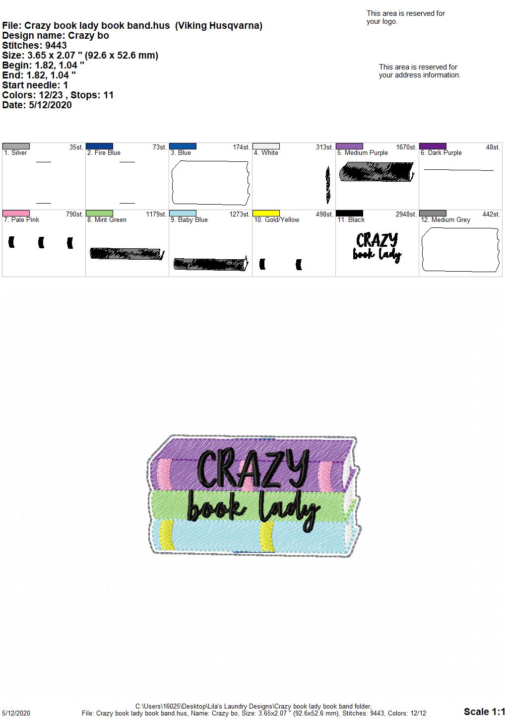 Crazy Book Lady - Book Band - Digital Embroidery Design