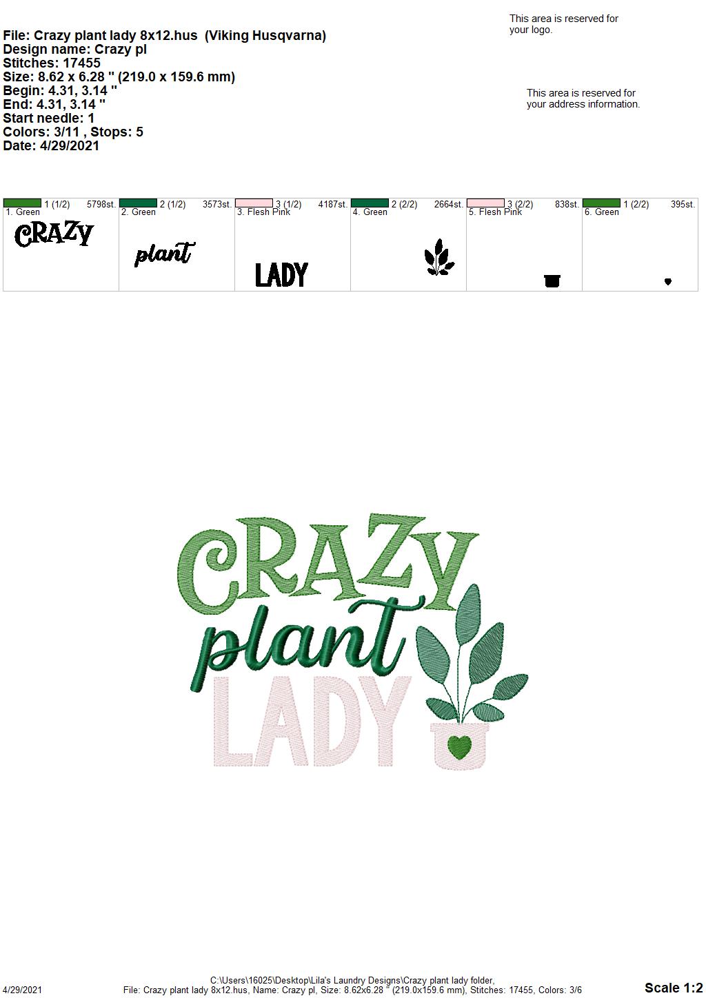 Crazy Plant Lady - 4 sizes- Digital Embroidery Design