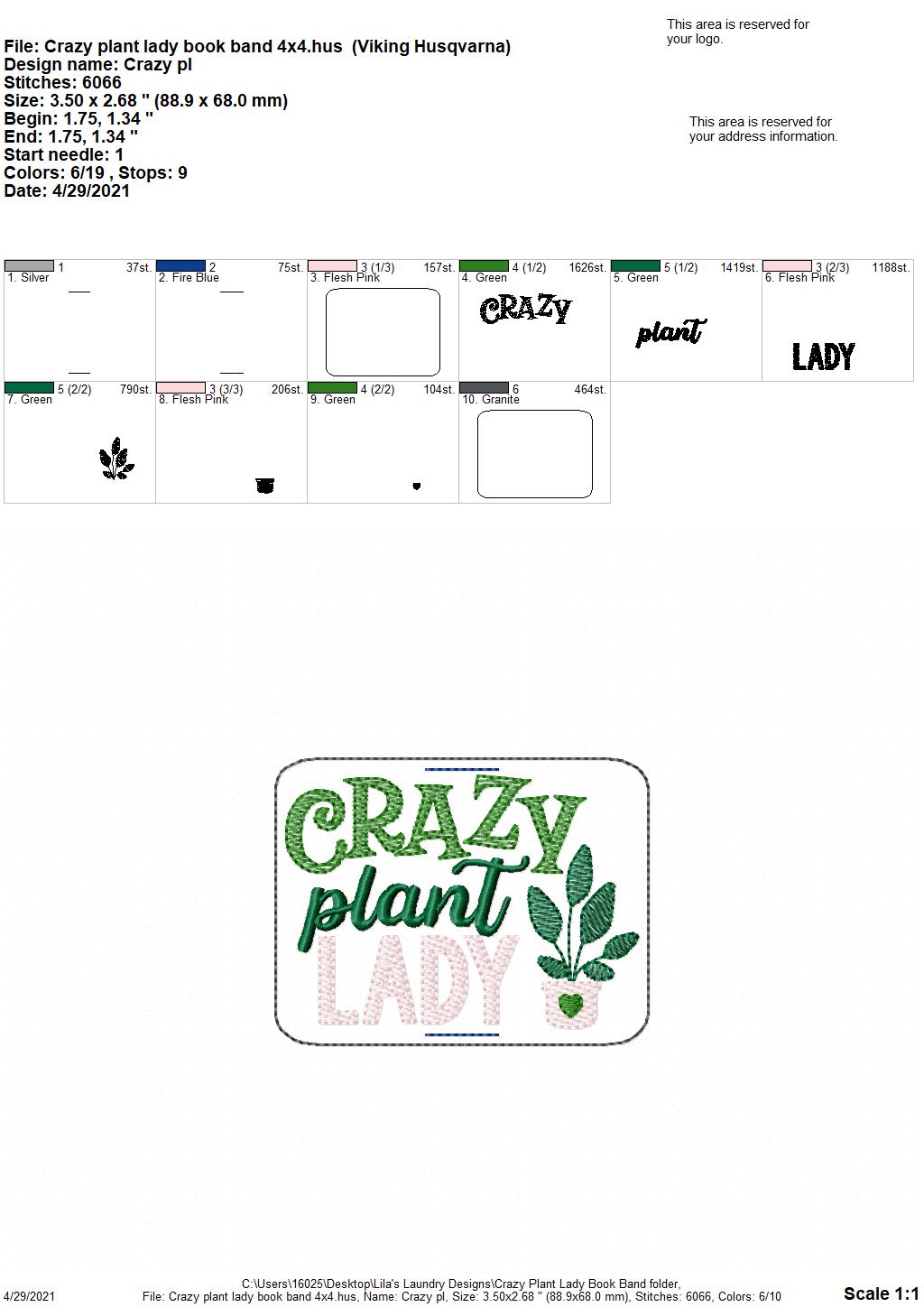 Crazy Plant Lady Book Band - Embroidery Design, Digital File