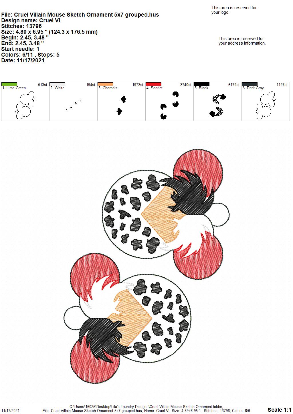 Cruel Villain Mouse Sketch Ornament - Digital Embroidery Design