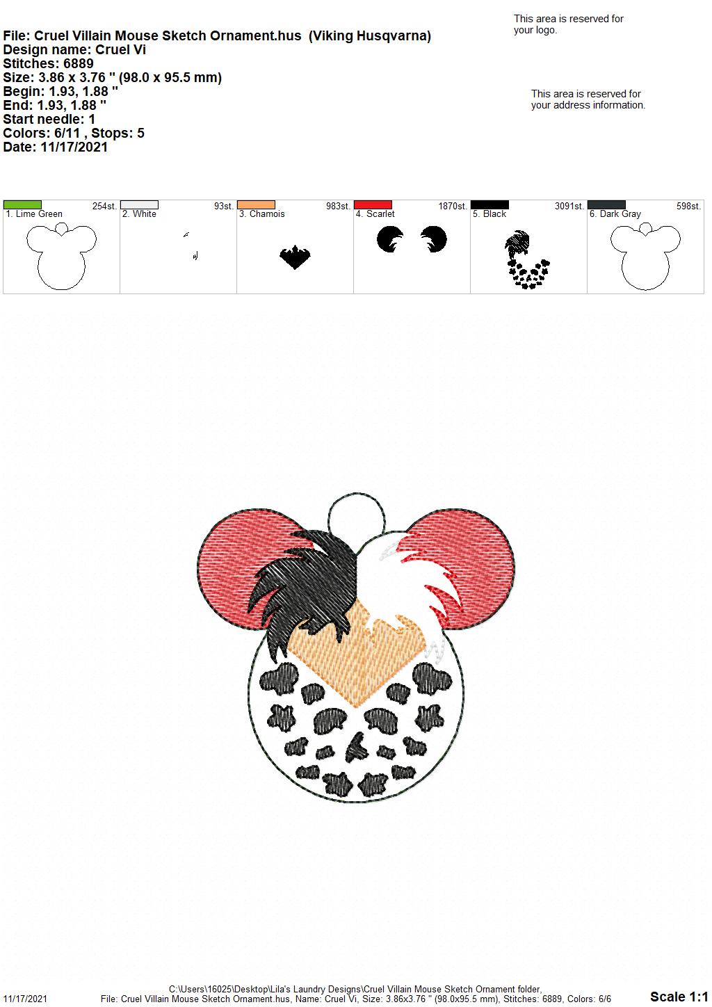Cruel Villain Mouse Sketch Ornament - Digital Embroidery Design