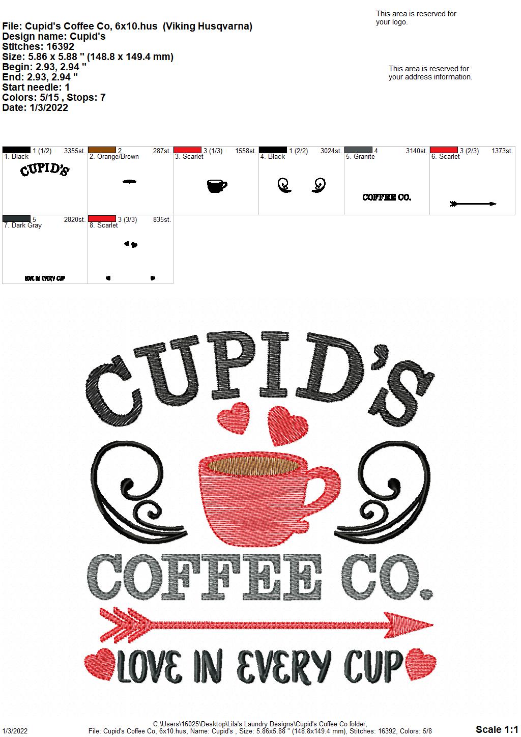 Cupid's Coffee Co. Sketch - 3 sizes- Digital Embroidery Design