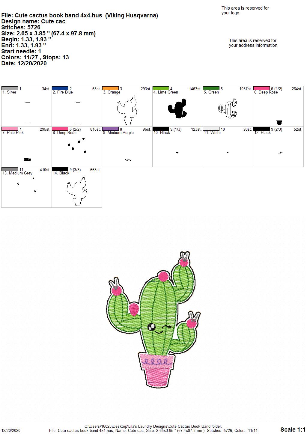 Cute Cactus - Book Band - Embroidery Design, Digital File
