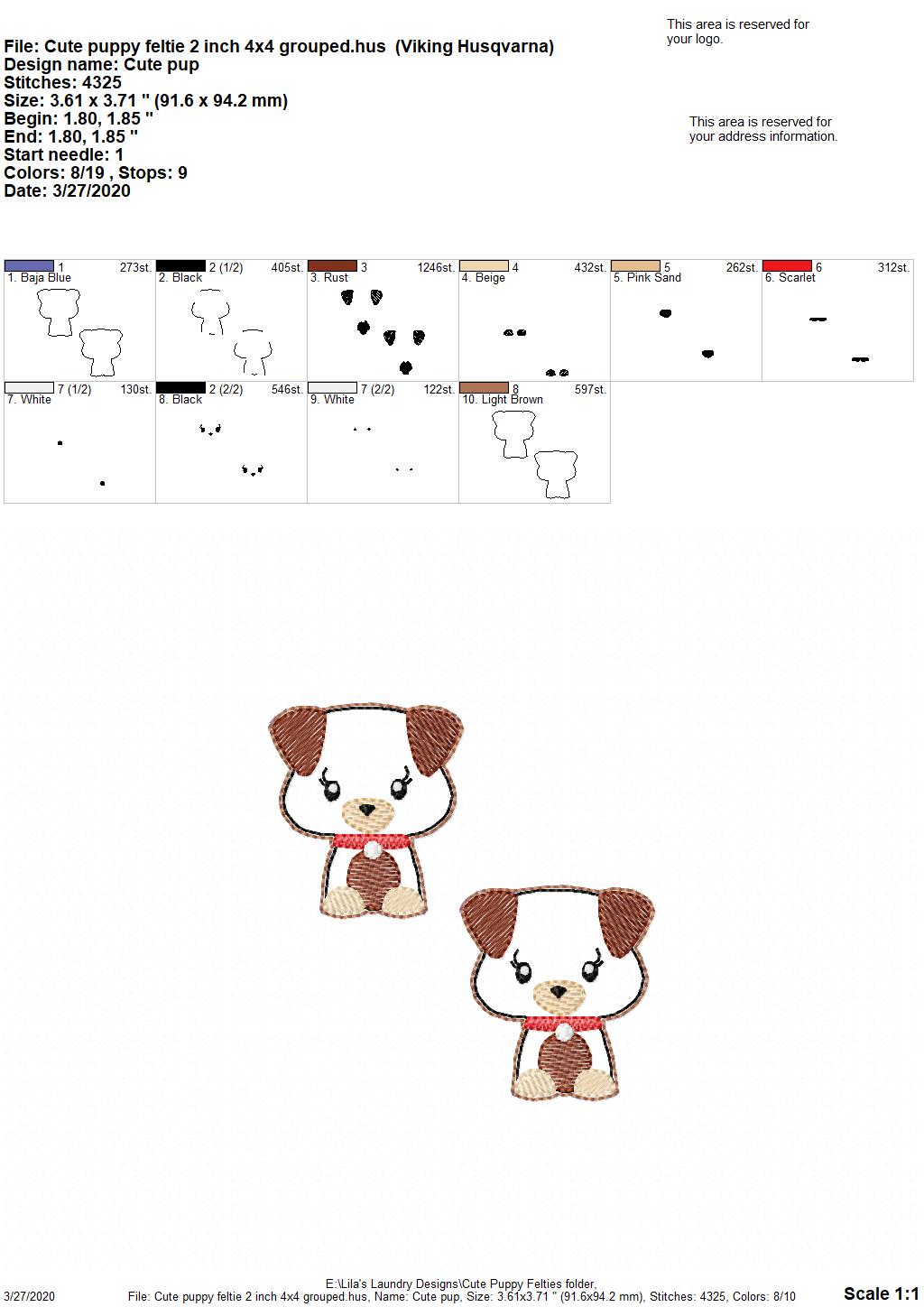 Cute Puppy Felties - 3 sizes - 4x4 and 5x7 Grouped- Digital Embroidery Design