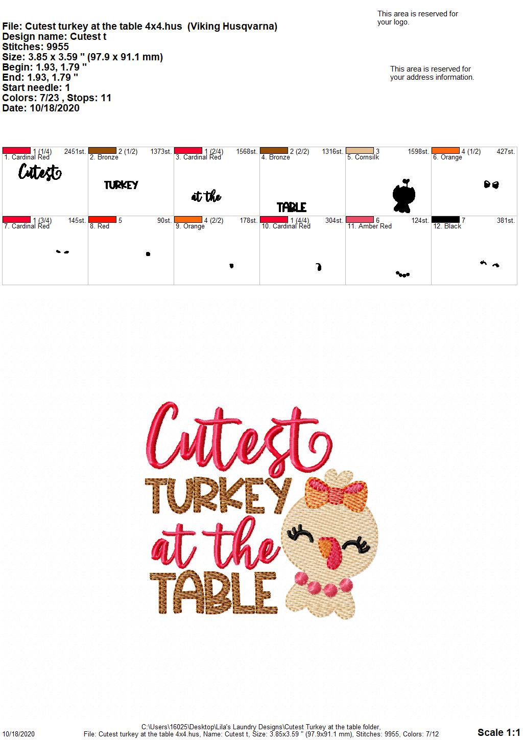 Cutest Turkey At The Table - 3 Sizes - Digital Embroidery Design