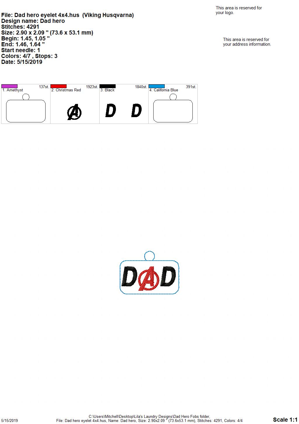 Dad Hero Fobs - Embroidery Design - DIGITAL Embroidery DESIGN