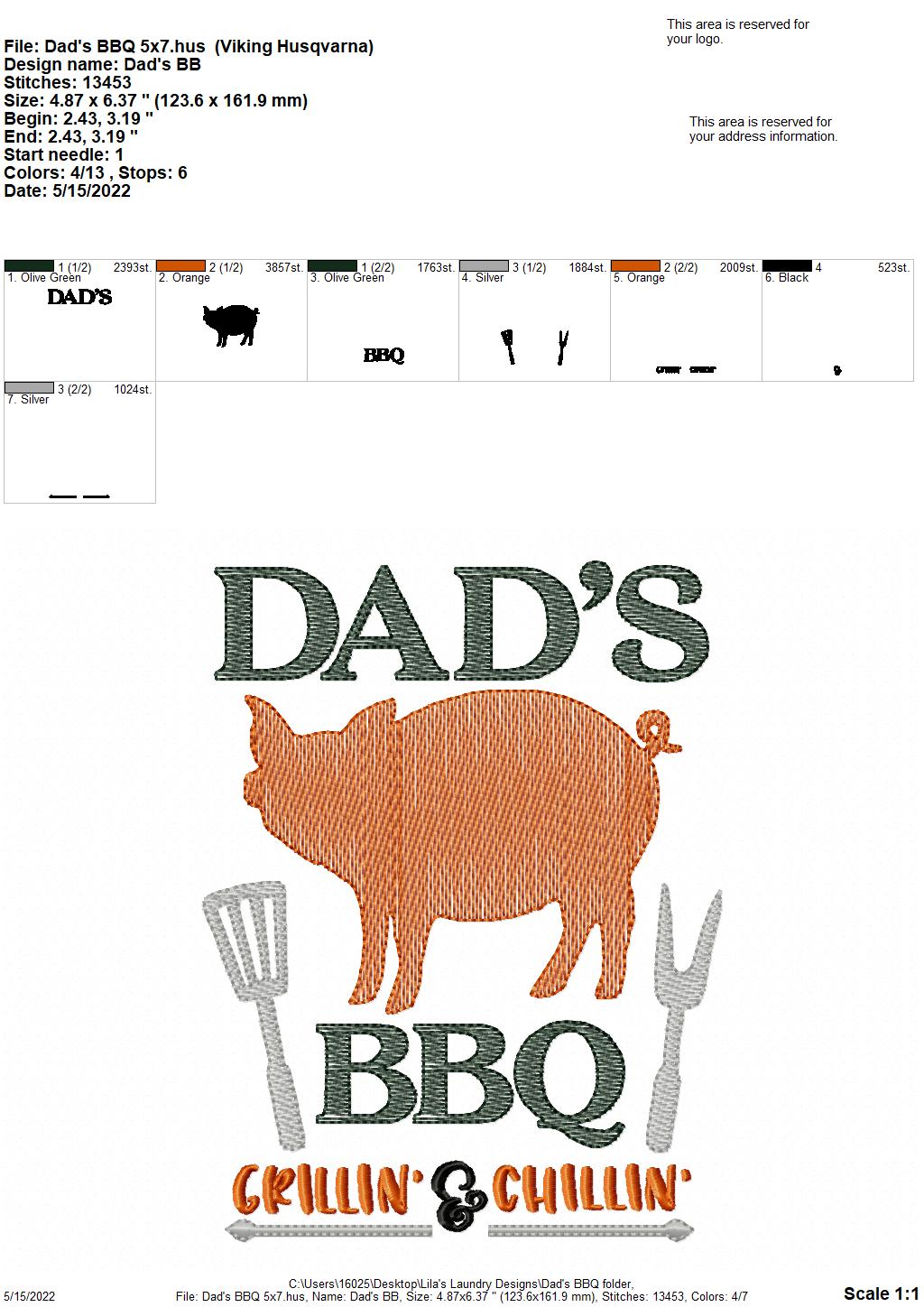 Dad's BBQ - 2 sizes- Digital Embroidery Design