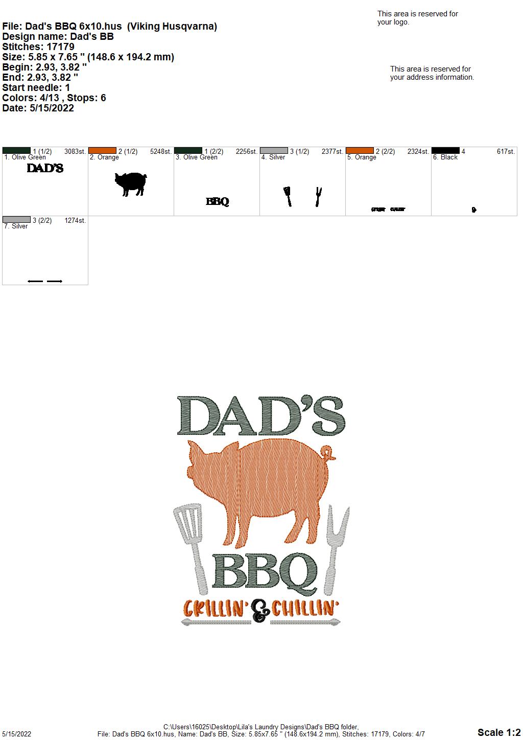 Dad's BBQ - 2 sizes- Digital Embroidery Design