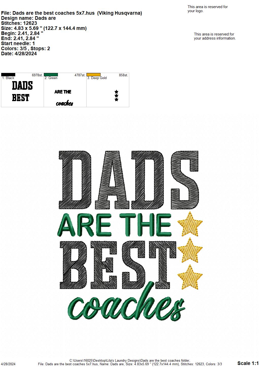 Dads are the best coaches - 4 Sizes - Digital Embroidery Design