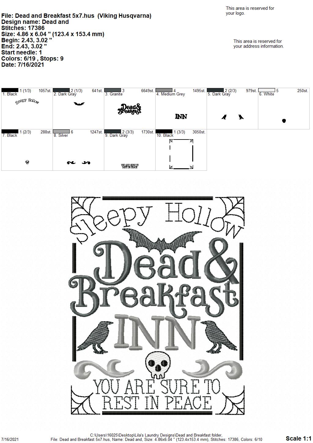 Dead and Breakfast - 3 sizes- Digital Embroidery Design