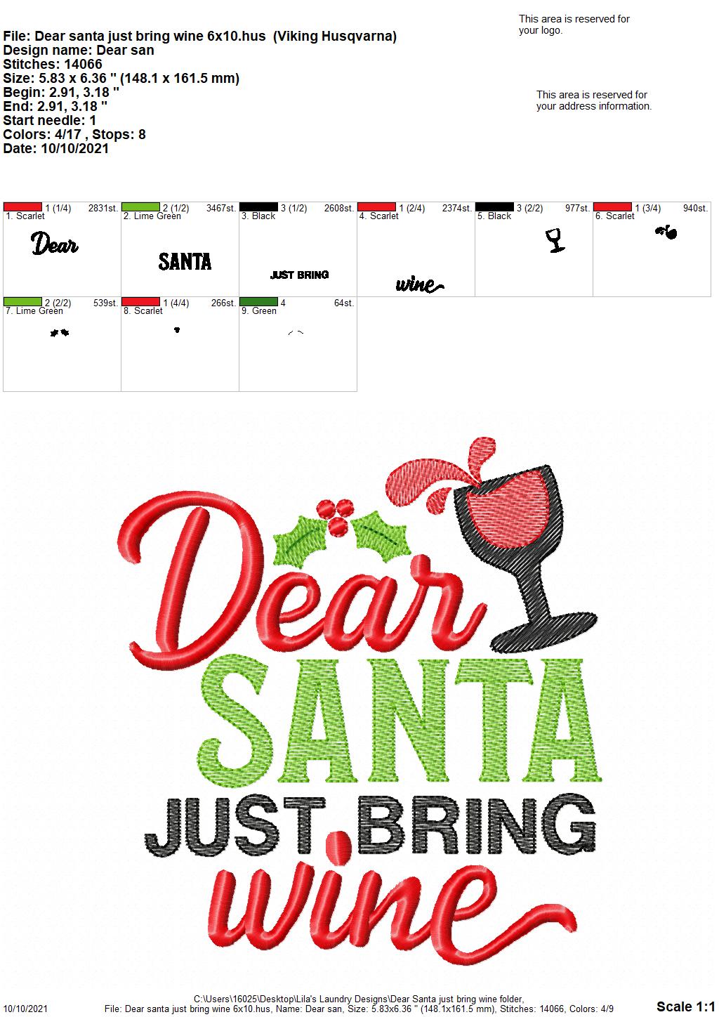 Dear Santa Just Bring Wine - 4 sizes- Digital Embroidery Design