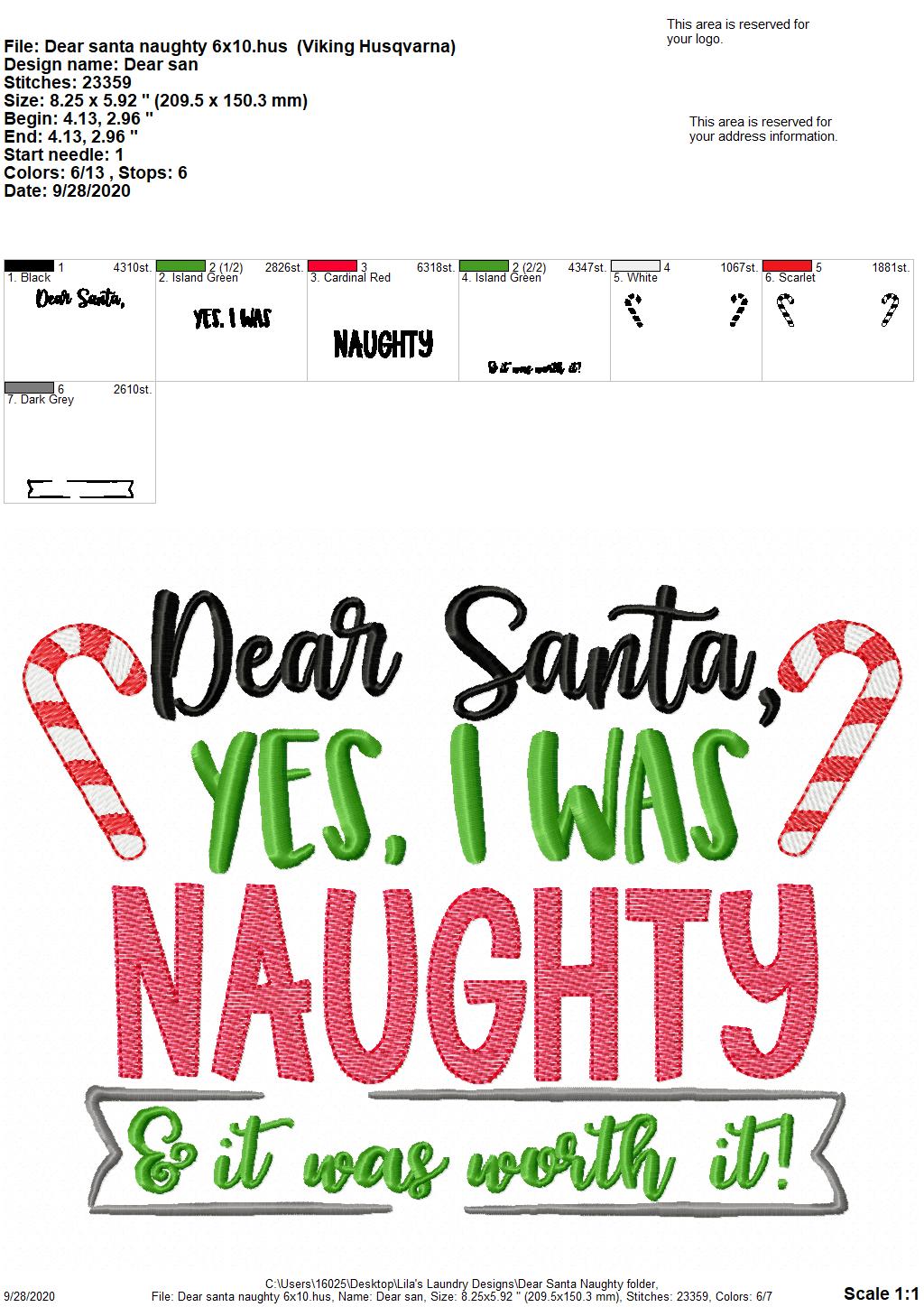Dear Santa, yes, I was naughty - 2 Sizes - Digital Embroidery Design