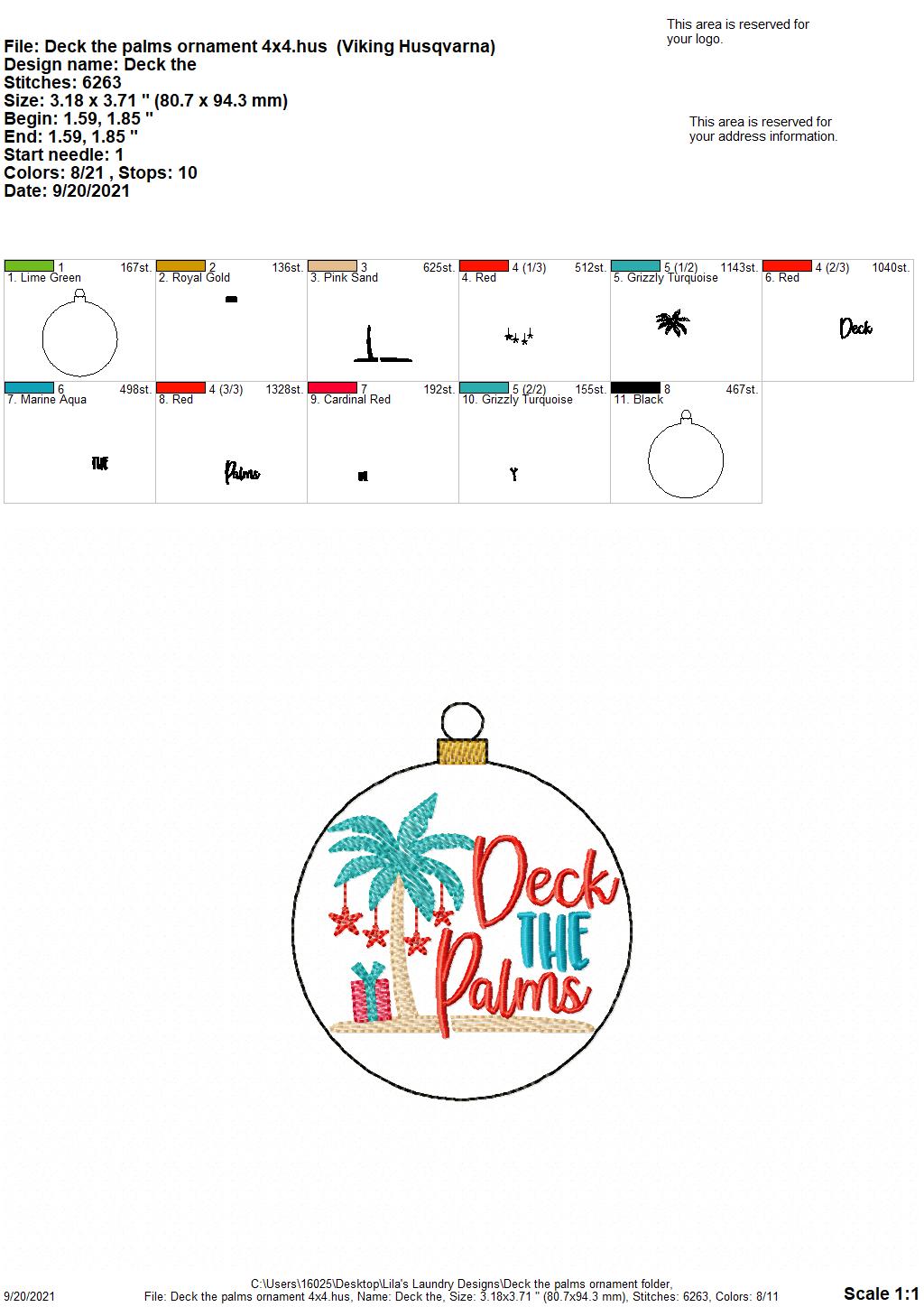 Deck the Palms Ornament - Digital Embroidery Design