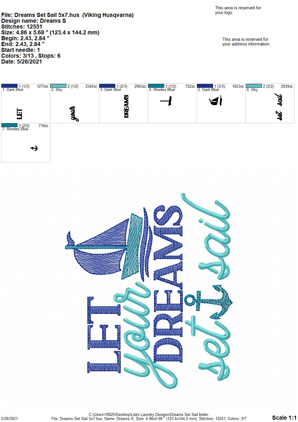 Dreams Set Sail - 4 sizes- Digital Embroidery Design
