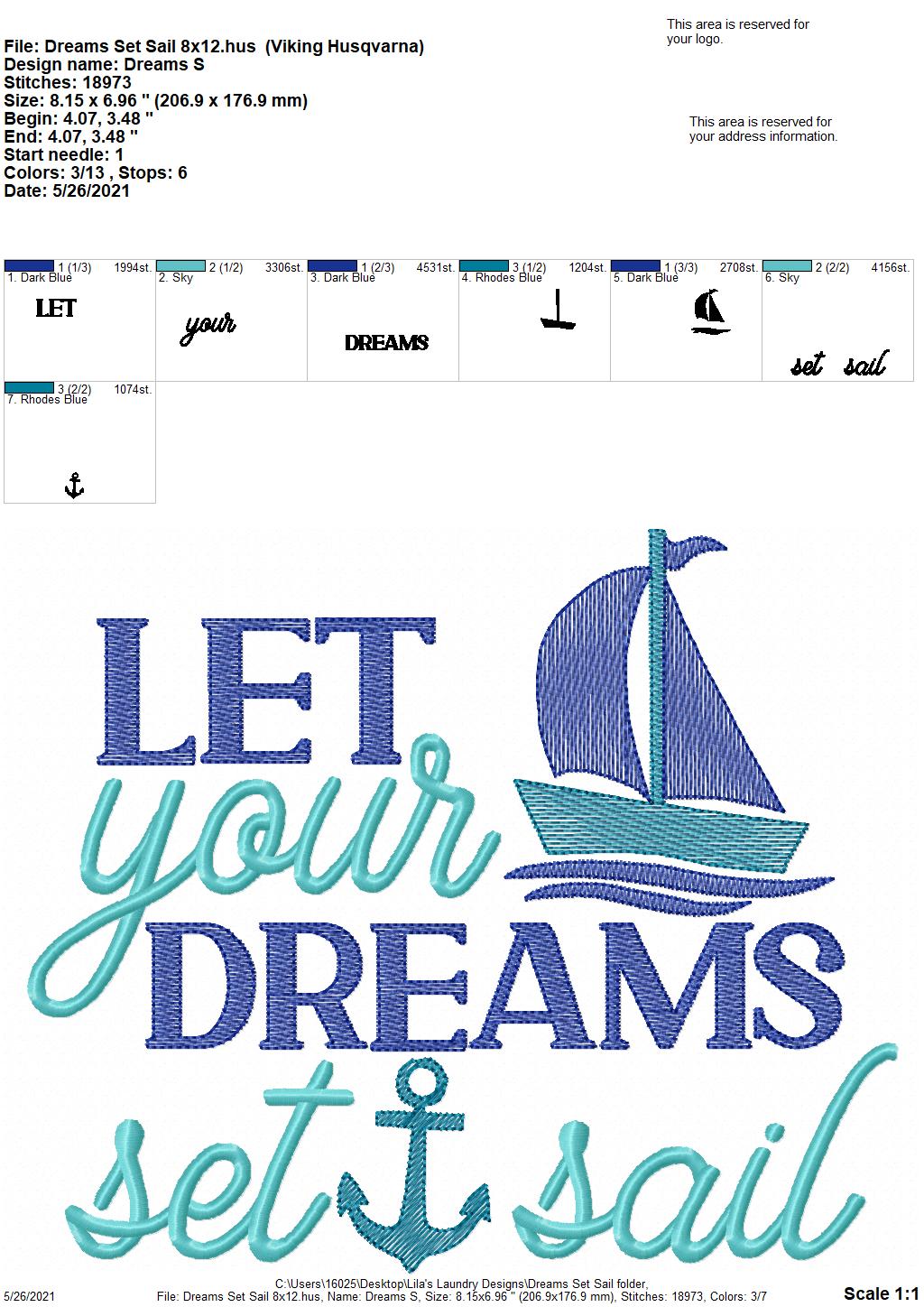 Dreams Set Sail - 4 sizes- Digital Embroidery Design