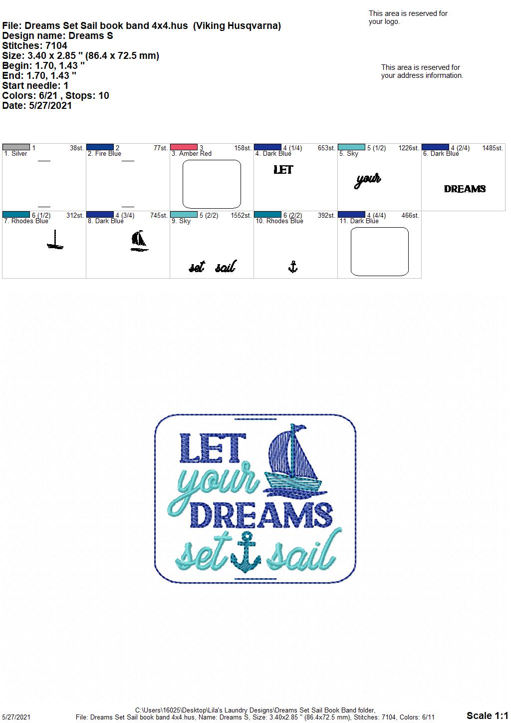 Dreams Set Sail Book Band - Embroidery Design, Digital File